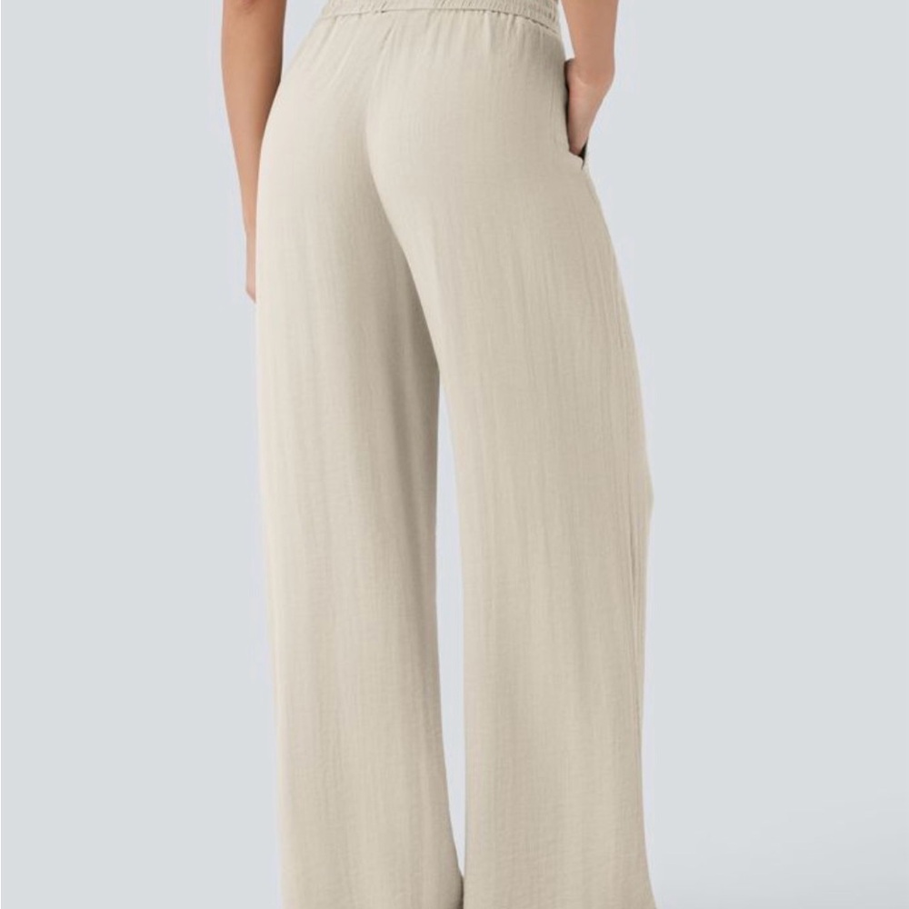 Women’s High Waisted Drawstring Pocket Wide Leg Baggy Casual Linen-Feel Pants